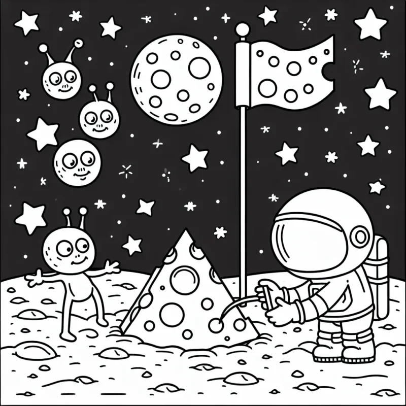 Dessine un astronaute en train de planter un drapeau au fromage sur la lune entouré d'aliens rigolos sous un ciel étoilé.