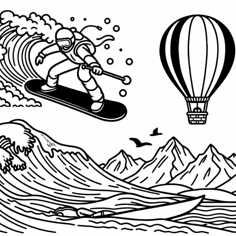 Un snowboarder audacieux dévalant une piste enneigée, une montgolfière survolant des montagnes et un surfeur capturant une vague monumentale.
