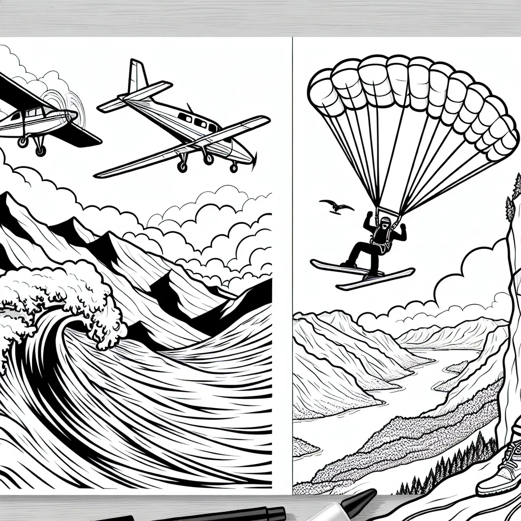 Dans ce dessin à colorier, on voit un skieur dévalant une pente raide dans les montagnes, un surfeur affrontant une énorme vague, un parachutiste sautant d'un avion et un grimpeur s'accrochant à une paroi rocheuse