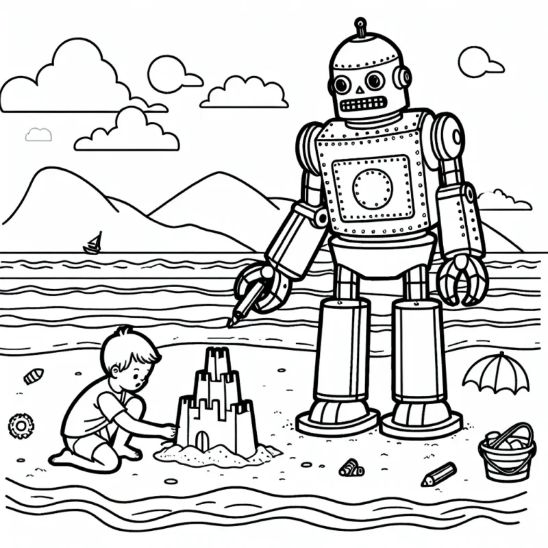 Un petit garçon aidant un robot géant à construire un château de sable sur une plage animée