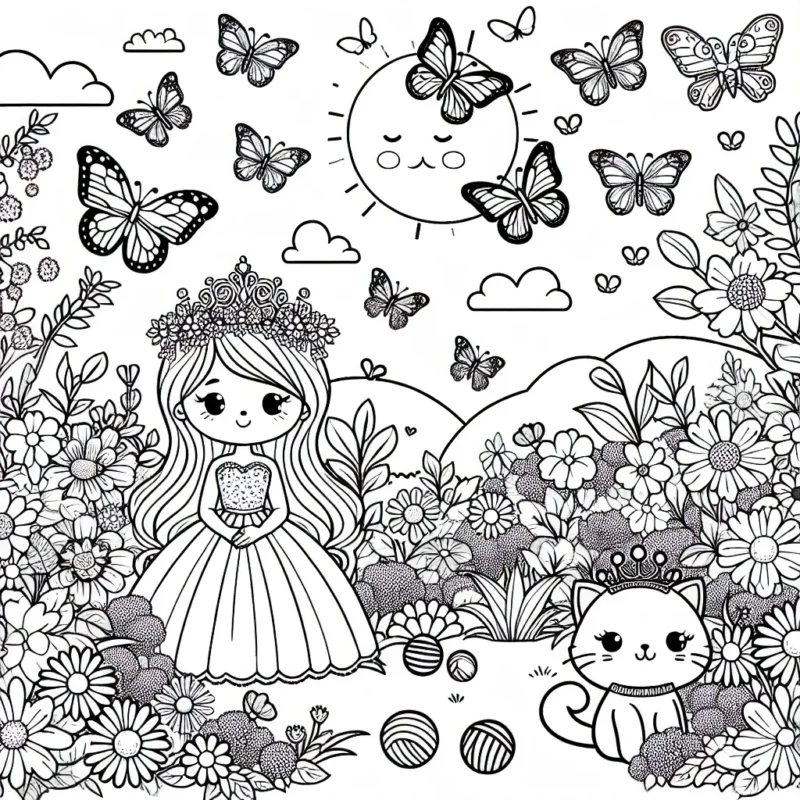 Un joli paysage de jardin avec de nombreux papillons volant autour de belles fleurs colorées, une jeune princesse avec une tiare éblouissante et une jolie robe, et un petit chaton blanc jouant avec une pelote de laine dans un coin.