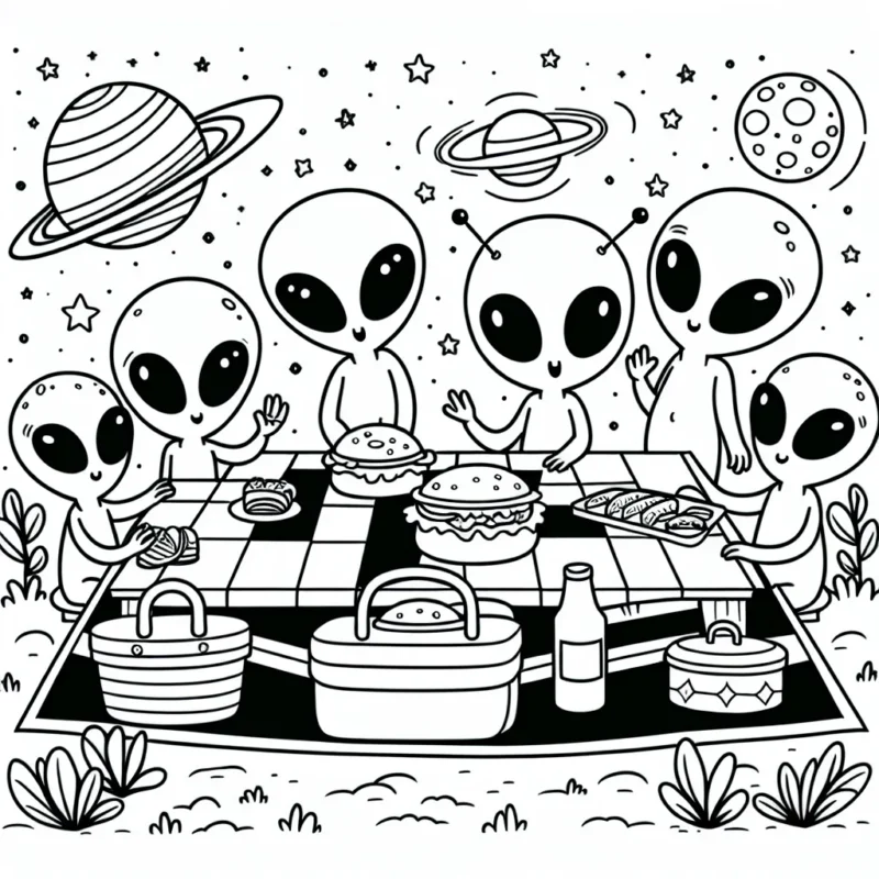 Un groupe d'amis extraterrestres faisant un pique-nique intergalactique
