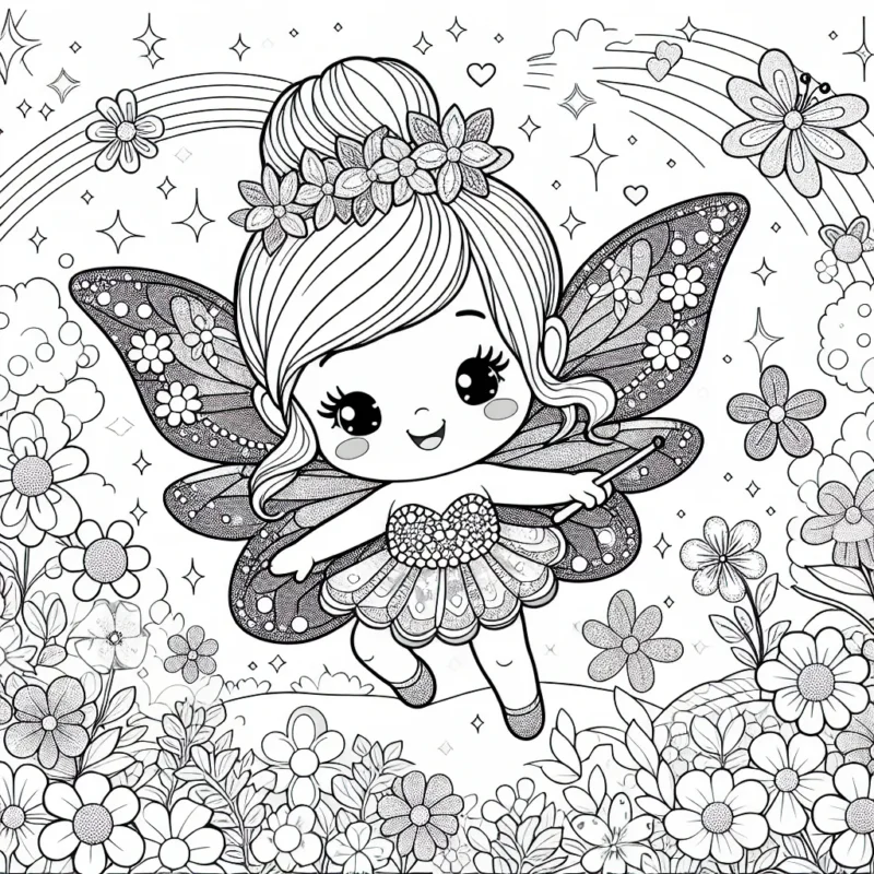 Imagine une jolie petite fée avec des ailes d'arc-en-ciel en train de voler parmi les fleurs du jardin enchanté. Elle porte une robe éblouissante qui scintille sous le soleil brillant. N'oublie pas de colorier son adorable petite baguette magique!