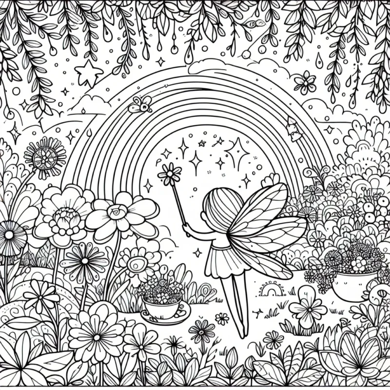 Une petite fée tenant une baguette magique dans un jardin enchanté plein de fleurs multicolores avec des arc-en-ciel dans le ciel.