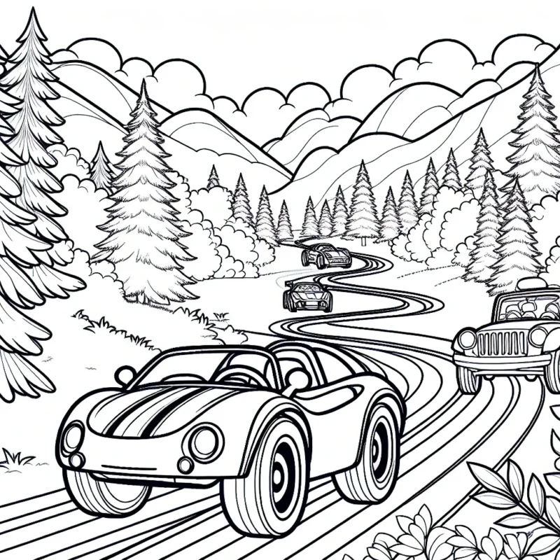Imagine et réalise un coloriage mettant en scène une course épique de voitures sur un circuit sinueux entouré d'une végétation luxuriante.
