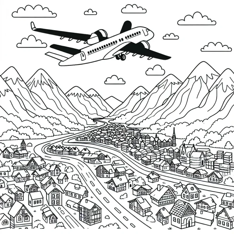 Dessine un avion de ligne survolant les montagnes et une ville animée