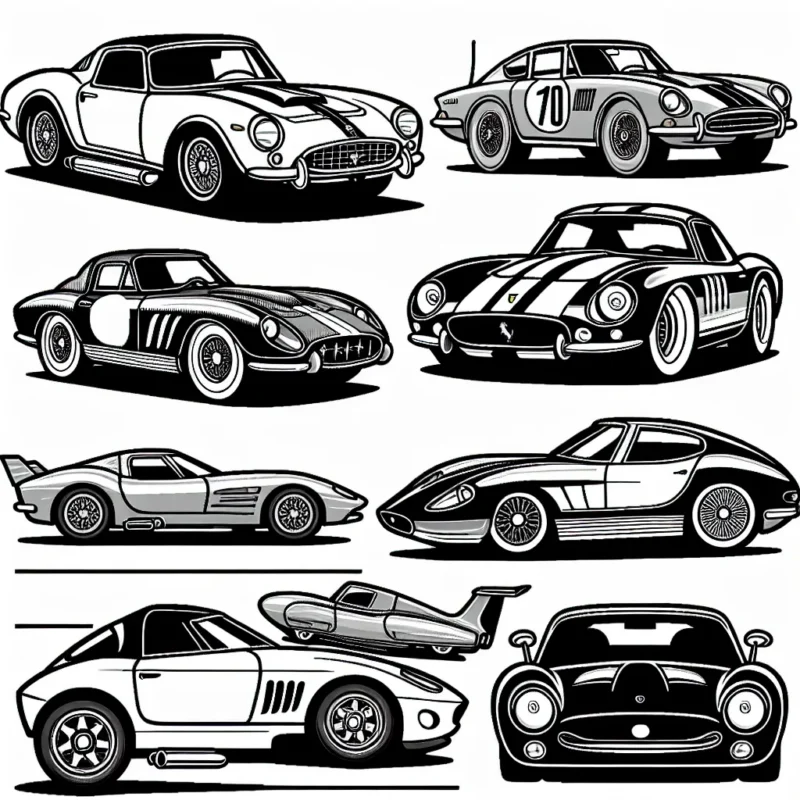 Crée une coloriage de voitures par marque allant des grands classiques tels que Ferrari, Porsche jusqu'aux marques modernes comme Tesla et Rimac.