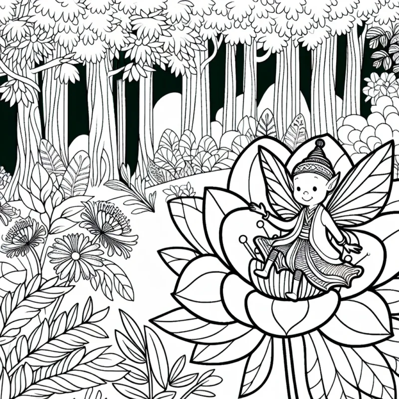 Une petite fée assise sur une fleur énorme dans une majestueuse forêt enchantée.