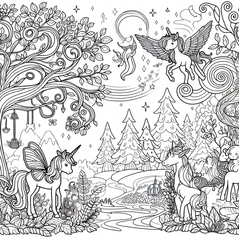 Un voyage fantastique à travers la forêt enchantée avec des licornes, des elfes et des créatures magiques.