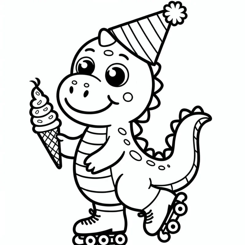 Un joyeux dinosaure en patins à roulettes portant un chapeau de fête et mangeant une glace