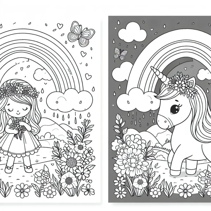 Un joli paysage féérique avec une licorne et une petite fille, jouant sous un arc-en-ciel entourées de fleurs et de papillons.