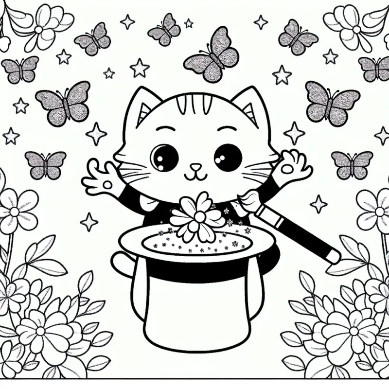 Un chat magicien effectuant un tour de magie avec des papillons sortants de son chapeau dans un jardin fleuri
