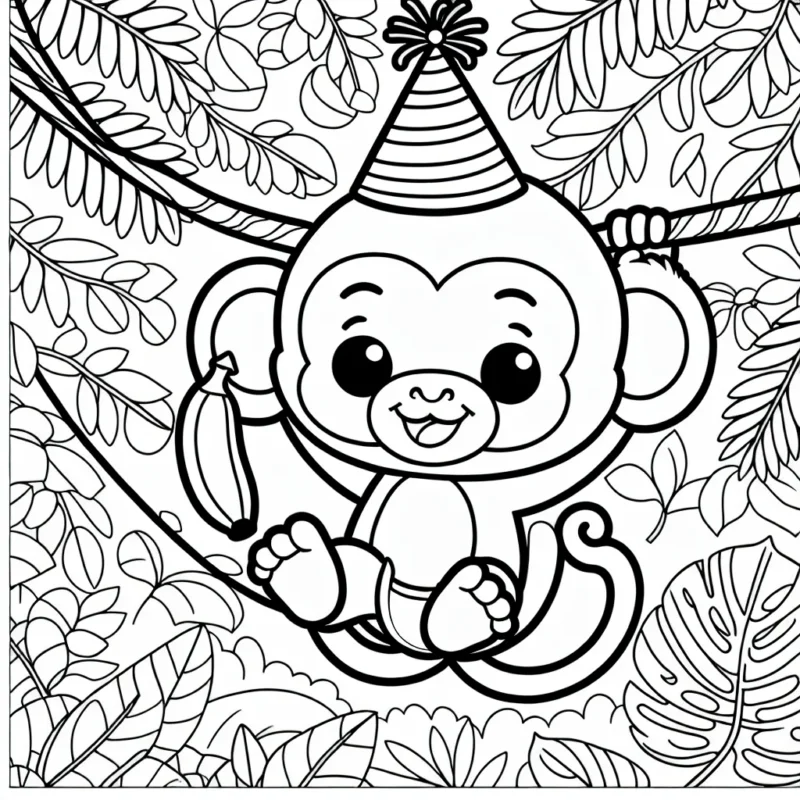 Un singe farceur suspendu à une liane dans la jungle, avec un chapeau de fête sur la tête, en brandissant une banane