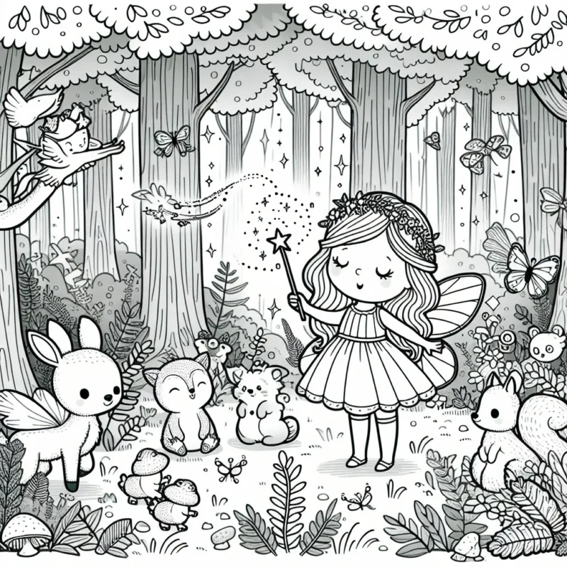 Un paysage enchanté avec une petite fée tenant une baguette magique, entourée de ses amis animaux dans une forêt mystérieuse