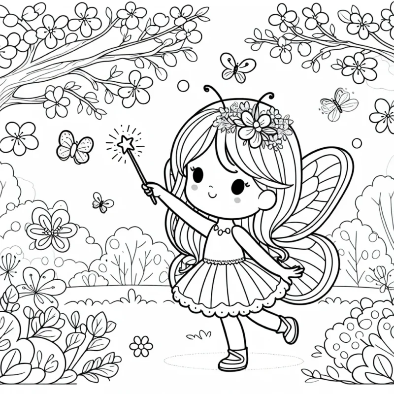 Une petite fée papillon avec sa baguette magique dansant dans un jardin fleurissant au printemps