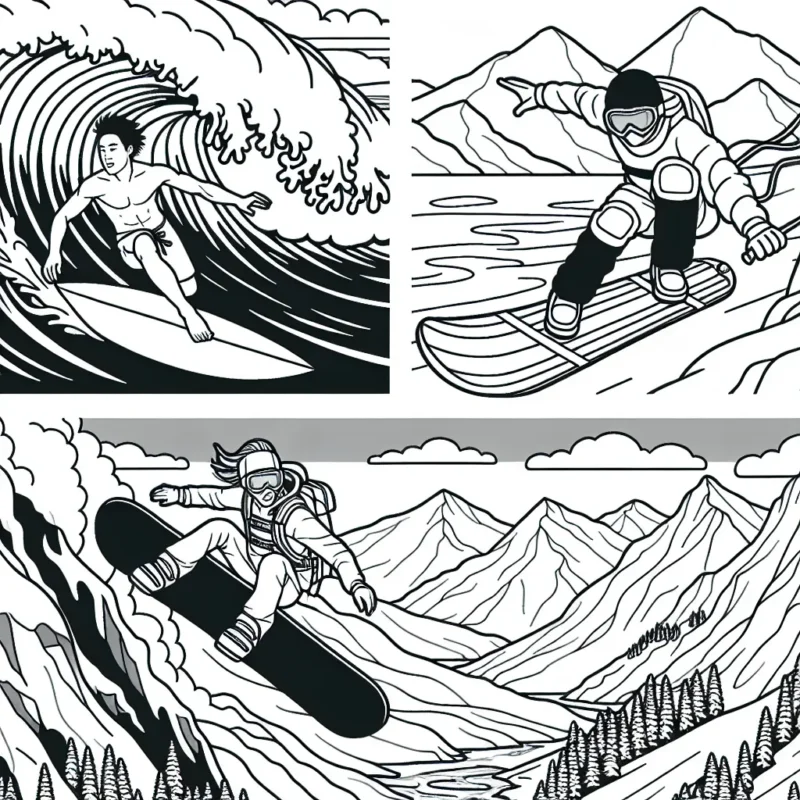 Dessine un surfeur en pleine action sur une vague géante, un snowboarder descendre une montagne enneigée et un base jumper sautant d'une falaise.