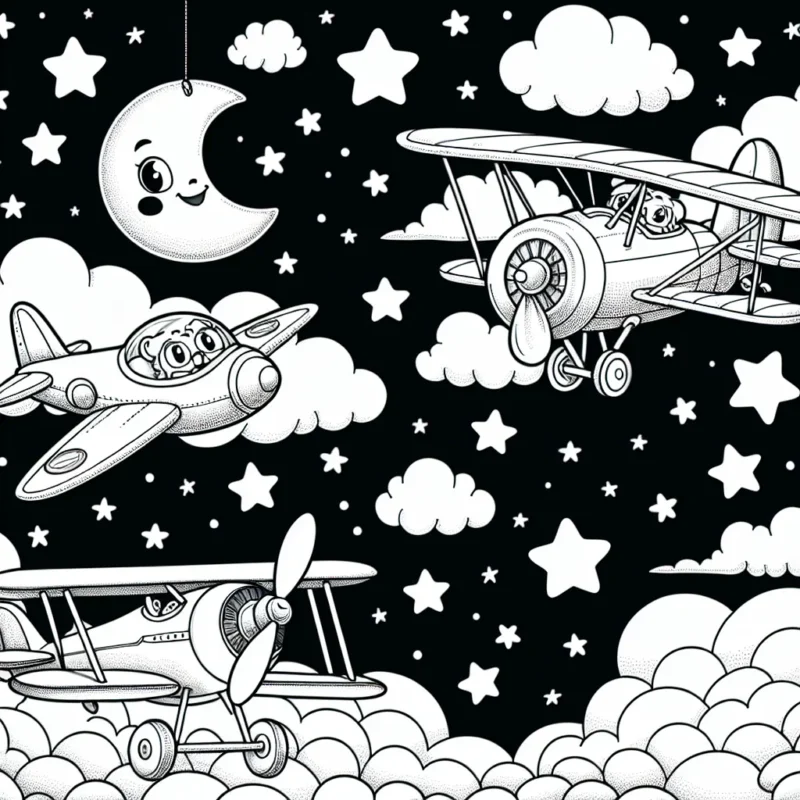 Deux avions volant sur un ciel étoilé, un avion de chasse moderne à réaction et un biplan ancien, avec des nuages flottants et une lune souriante regardant le tout