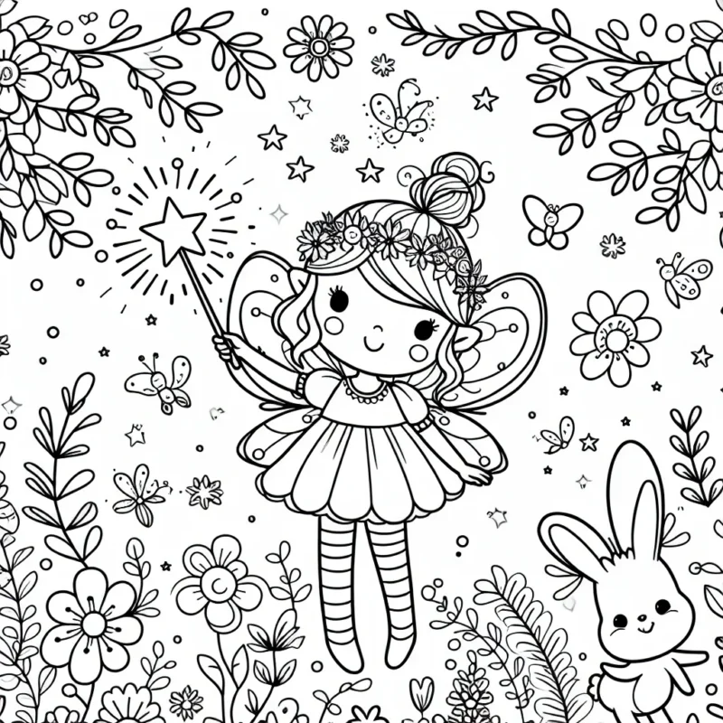 Une petite fée avec une baguette magique dans un jardin enchanté, entourée de fleurs et de petits animaux mignons
