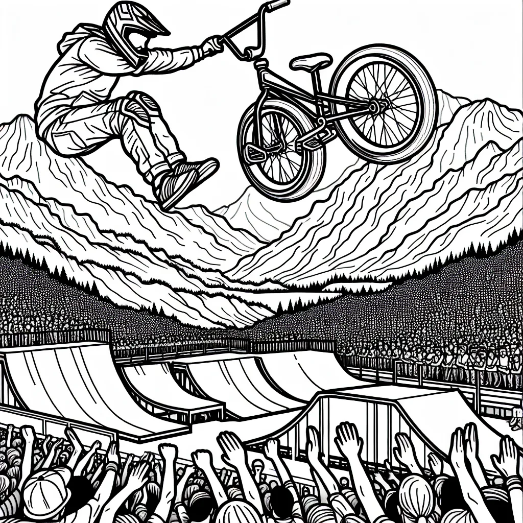 Imagine un sportif casqué, suspendu dans les airs en train d'effectuer un spectacle de BMX. En arrière-plan, on voit une foule impressionnante ovationner cette performance héroïque. De grandes rampes ainsi que des montagnes majestueuses sont également visibles.