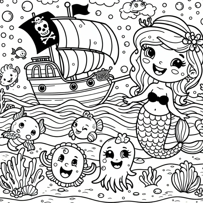 Un océan animé avec une sirène, un pirate et des créatures marines souriants