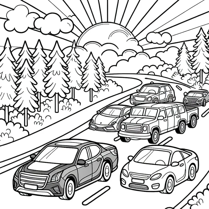Dessine une parade de voitures de différents modèles (SEDAN, SUV, SPORT, PICKUP) sur une route bien pavée qui serpente à travers une forêt magnifique sous un beau soleil d'été.