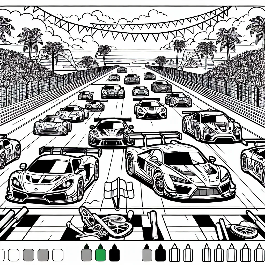 Une scène de course passionnante avec différentes voitures de sport. Les voitures sont alignées sur la ligne de départ, les pilotes à l’intérieur sont prêts à démarrer la course. La piste est entourée d’une foule animée, de drapeaux de course et de palmiers. En arrière-plan, on aperçoit l'océan.