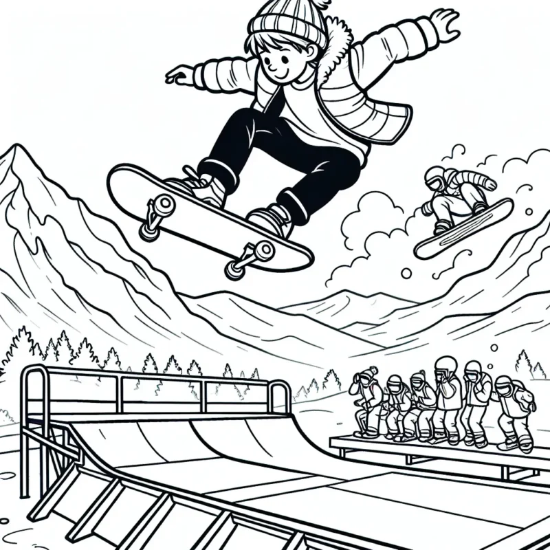Une scène détaillée d'un jeune skateur accomplissant une figure incroyable sur une rampe dans un parc à skateboard, avec en arrière-plan, des snowboarders qui descendent une montagne enneigée.