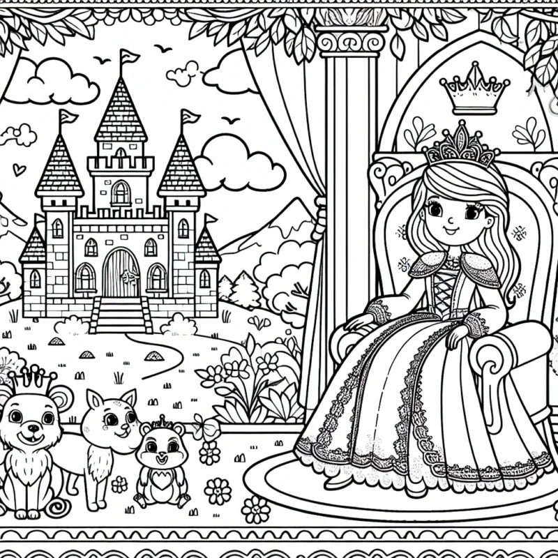 Une princesse assise sur un trône grandiose dans un château féerique entourée de ses amis animaux de la forêt