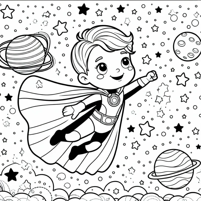 Un petit garçon avec son costume de super-héros préféré et décollant dans le ciel avec sa fantastique cape flottante, tout en observant les étoiles et les belles planètes autour de lui.