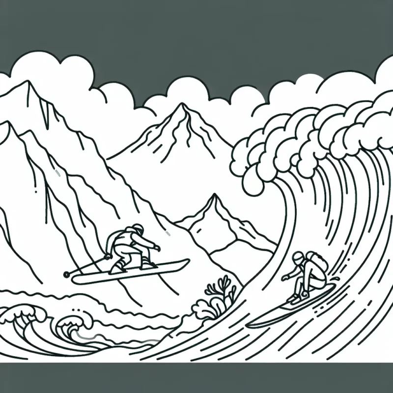 Un skieur traversant une montagne rocailleuse, un surfeur chevauchant une vague gigantesque et un alpiniste escaladant une falaise abrupte