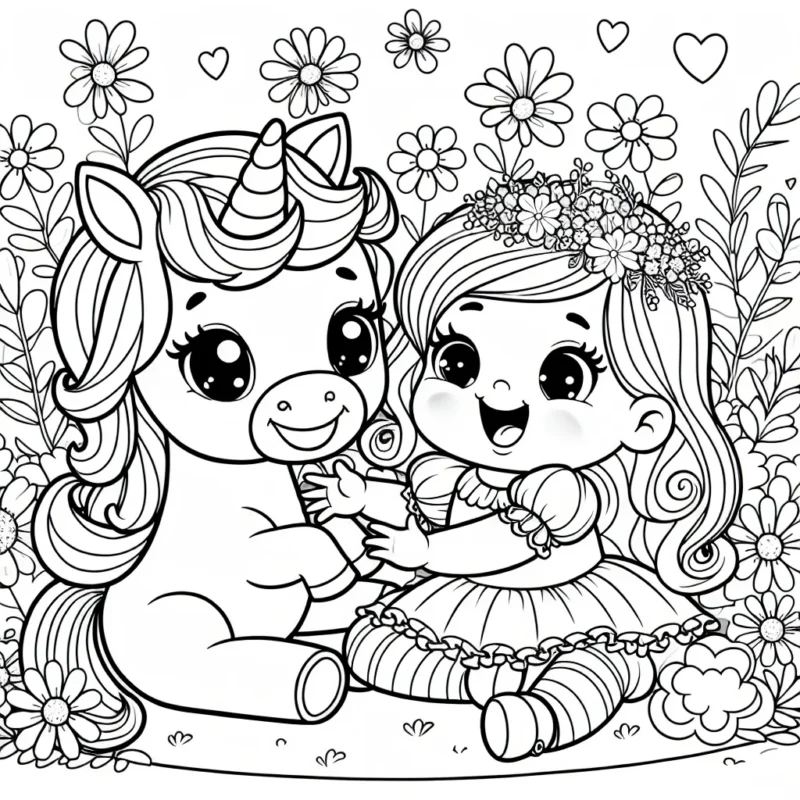 Une petite princesse joue avec son adorable licorne dans un jardin fleuri
