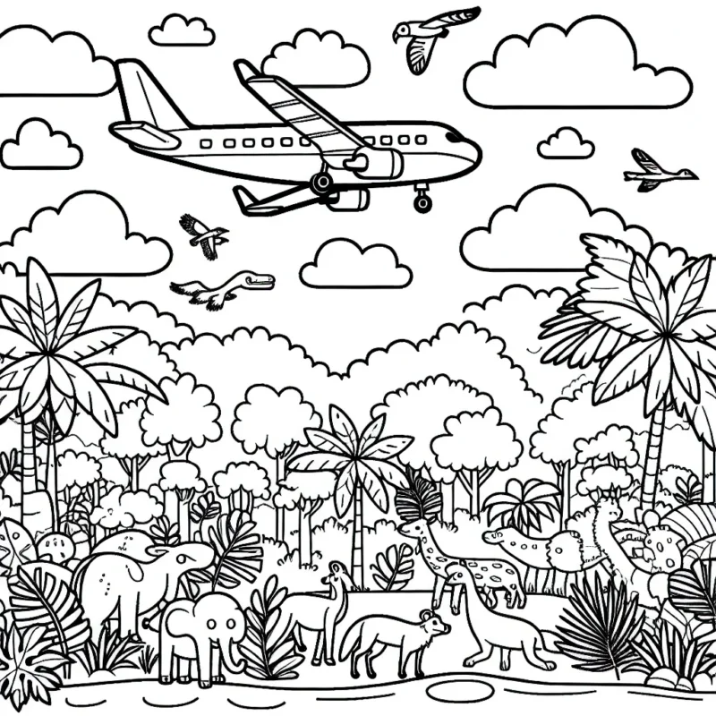 Imagine un avion traversant un ciel parsemé de nuages. Il survole une jungle luxuriante, peuplée de nombreux animaux.