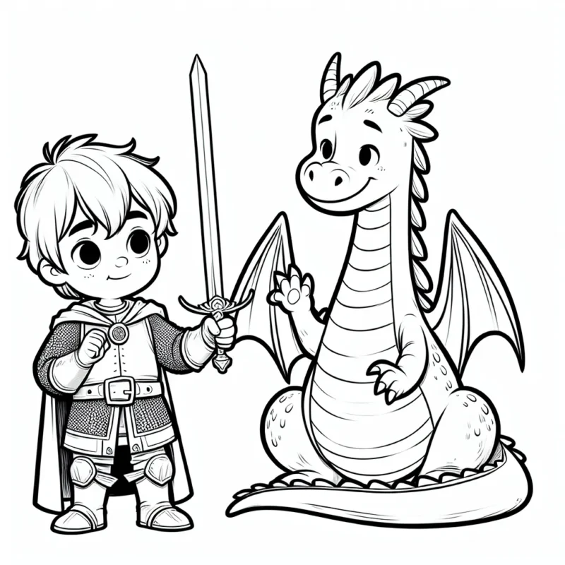 Un petit garçon courageux vêtu d'un costume de chevalier, tenant une épée bien affûtée en acier, s'apprête à rencontrer un dragon doux et grassouillet avec des ailes majestueuses.