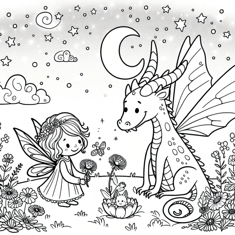 Une petite fée jouant avec un gentil dragon dans un champ fleuri sous un ciel étoilé