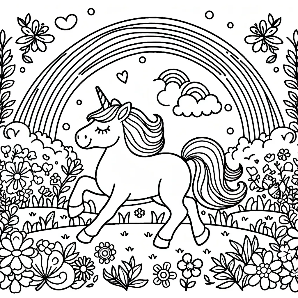 Imagine une scène féerique où un licorne gracieuse déambule dans un jardin enchanté parsemé de fleurs vibrantes et d'arc-en-ciel.