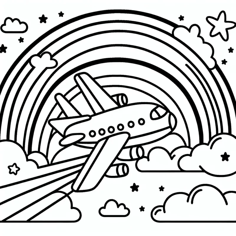 Dessine un avion à réaction volant haut dans le ciel avec un arc-en-ciel en arrière-plan.