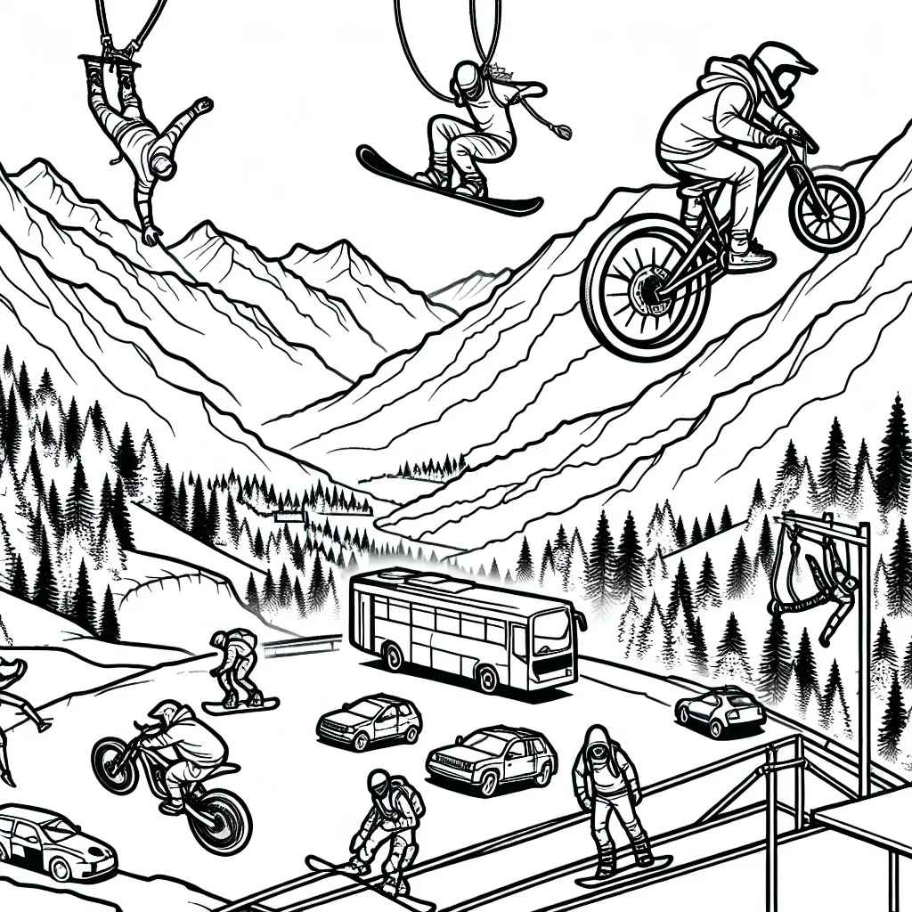 Imagine une scène trépidante de sports extrêmes montrant des sportifs pratiquant du snowboard, du VTT de descente, du parkour et du saut à l'élastique. Pense à ajouter un décor de montagnes, de forêts et de bâtiments urbains.