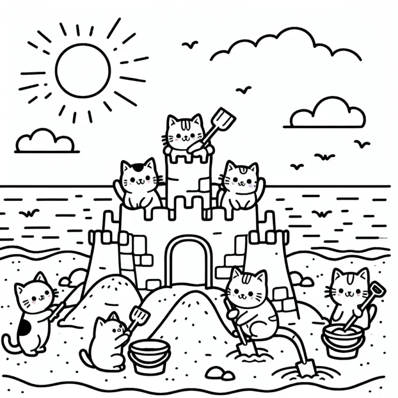 Une armée de chats espiègles jouant avec des pelles et des seaux dans un grand château de sable sur une plage ensoleillée.