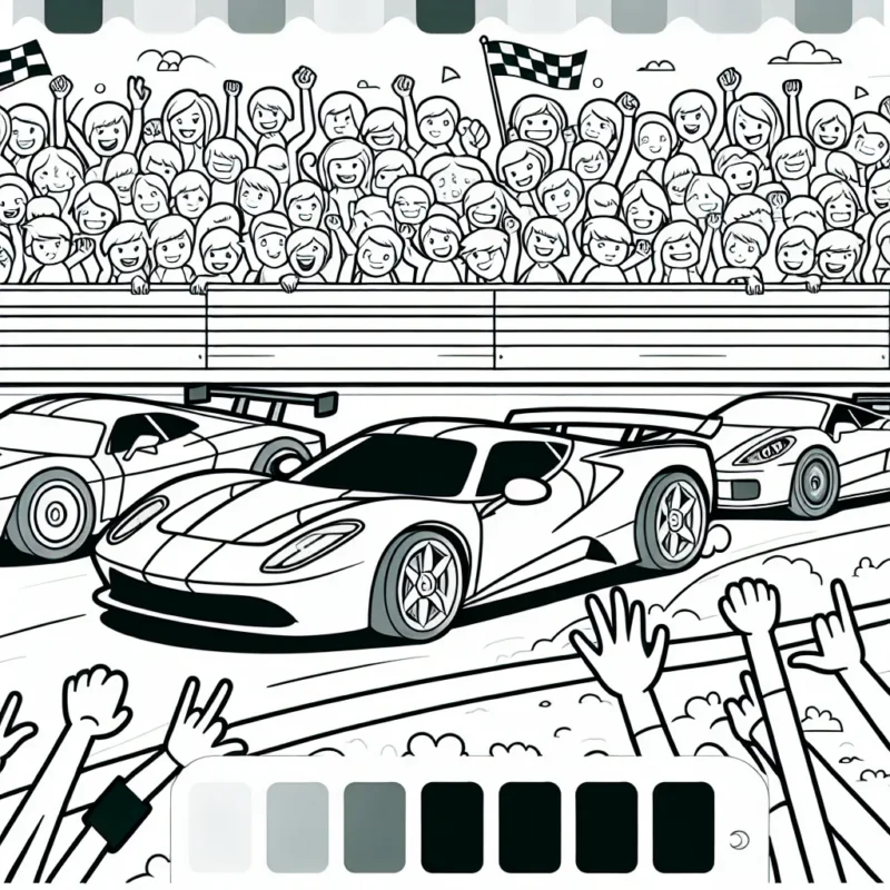 dessine une course de voitures de sport sur une piste animée avec des tribunes pleines de spectateurs