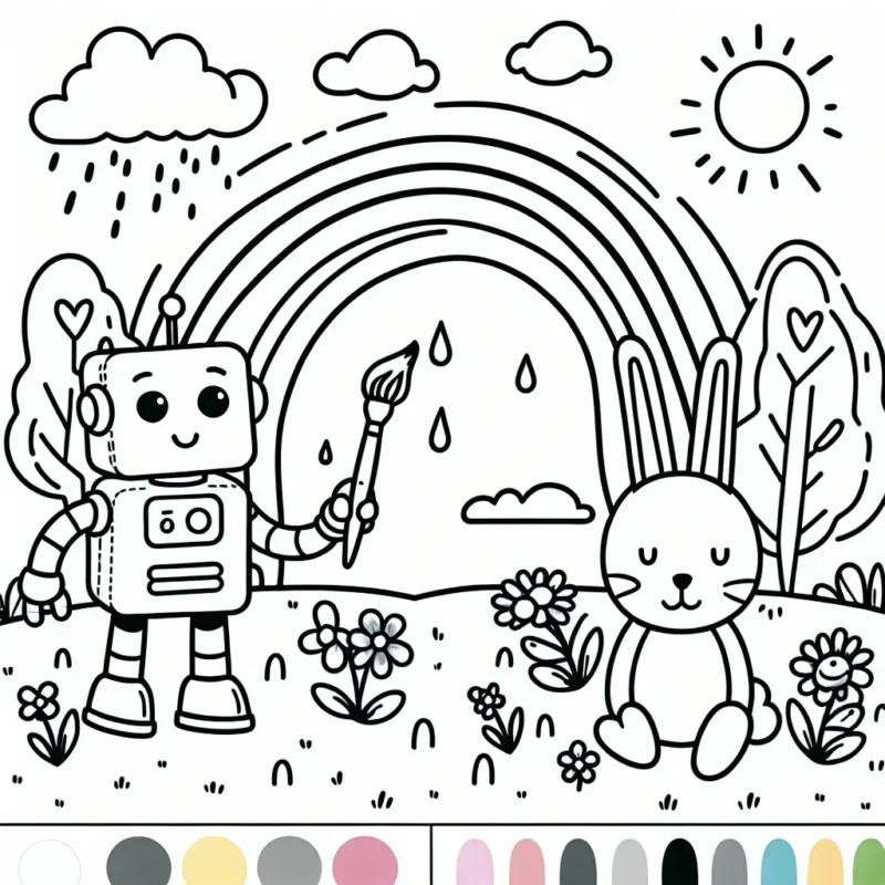 Dessine une scène où un robot et un lapin peignent un magnifique arc-en-ciel dans le jardin