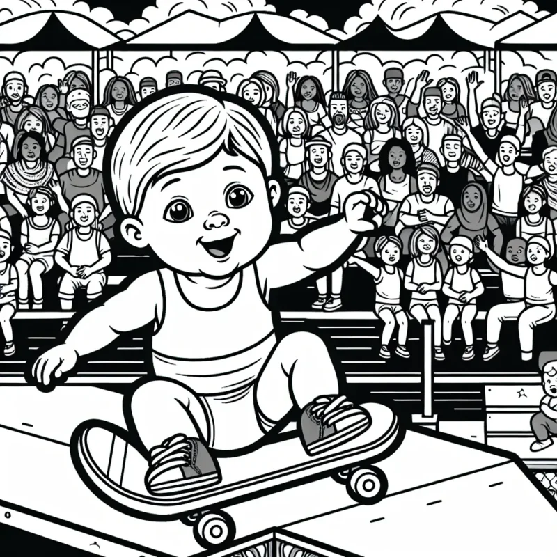 Dessine un athlète en train de faire du skateboard dans un parc rempli de rampes avec une foule en arrière-plan qui le regarde avec excitation.