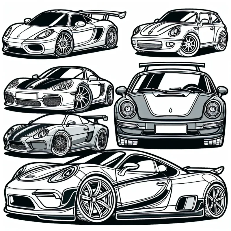 Dessine une variété de voitures par marque. Assure-toi d'inclure une Ferrari rouge vif, une BMW bleue brillante, une Mercedes argentée élégante, une Audi noire audacieuse et une Porsche jaune vif.