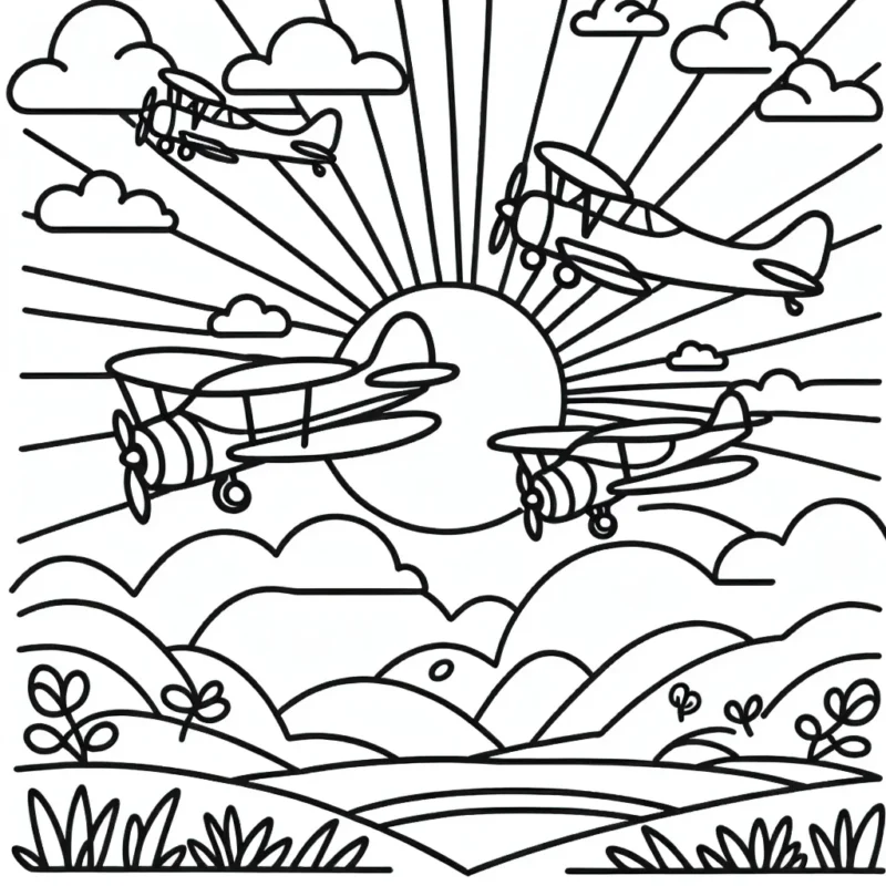 Un groupe d'avions qui volent dans un ciel ensoleillé, avec des montagnes et des champs en arrière-plan