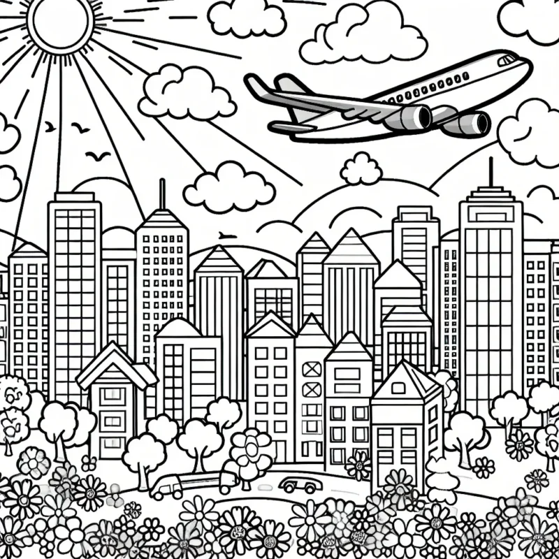 Un avion passager survolant une ville animée lors d'une belle journée ensoleillée