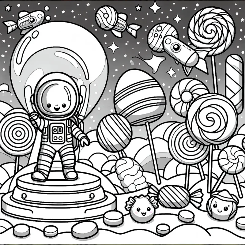 Un astronaute atterrissant sur une planète sucrée peuplée de bonbons vivants
