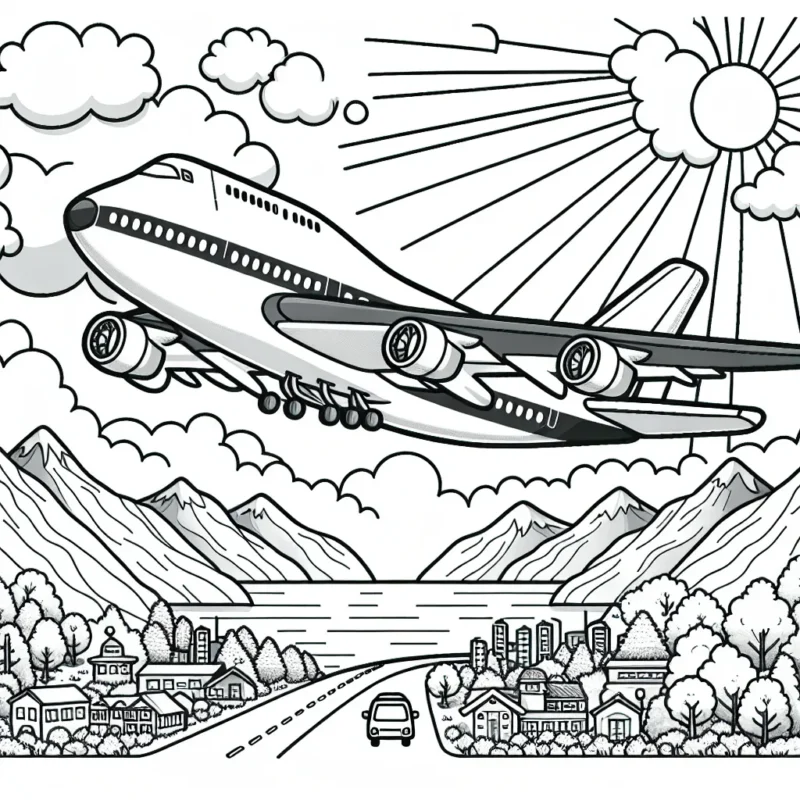 Un avion survole un paysage magnifique, où on peut voir des montagnes, des nuages et un soleil radieux. L'avion a des ailes larges et une queue en V. Il y a des fenêtres sur le côté de l'avion où on peut voir des passagers à l'intérieur, se préparant pour leur grand voyage. Il y a aussi une ville visible en dessous, avec des immeubles, des voitures et des arbres. L'avion porte le numéro 747, indiquant qu'il est un jumbo jet.