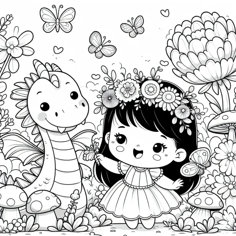 Imagine une petite princesse qui joue avec un dragon amical dans un jardin magique