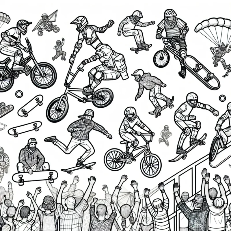 Imagine une scène de sports extrêmes avec différentes activités comme le BMX, le skateboarding, le parkour et le parachutisme. Dessine les athlètes en action, mettant en valeur leur courage et leurs compétences. Rajoute aussi du public les encourageant pour ajouter de l'excitation à la scène.