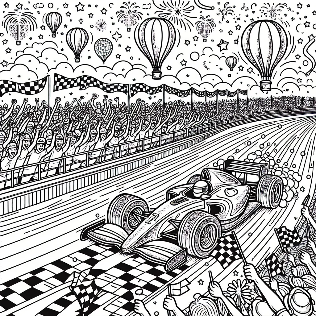 Dessine une voiture de course vite faisant la course sur un circuit animé, avec une multitude de supporters et un ciel lumineux rempli de ballons colorés