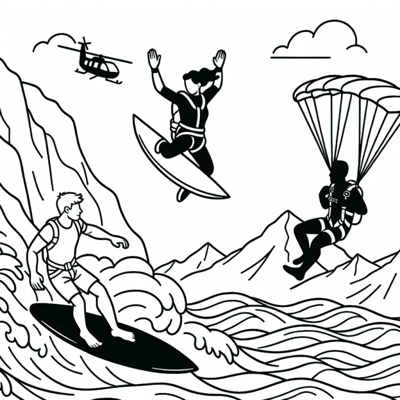 Dessine un grimpeur en pleine ascension, un surfeur qui dompte les vagues et un parachutiste en plein vol libre